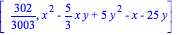 [302/3003, x^2-5/3*x*y+5*y^2-x-25*y]